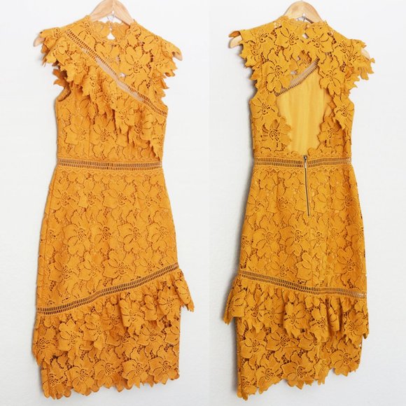 NEW SAYLOR Reine Mustard Yellow Sheath Midi Dress XS Lace Open Back Ruffle  $264 - Picture 5 of 15